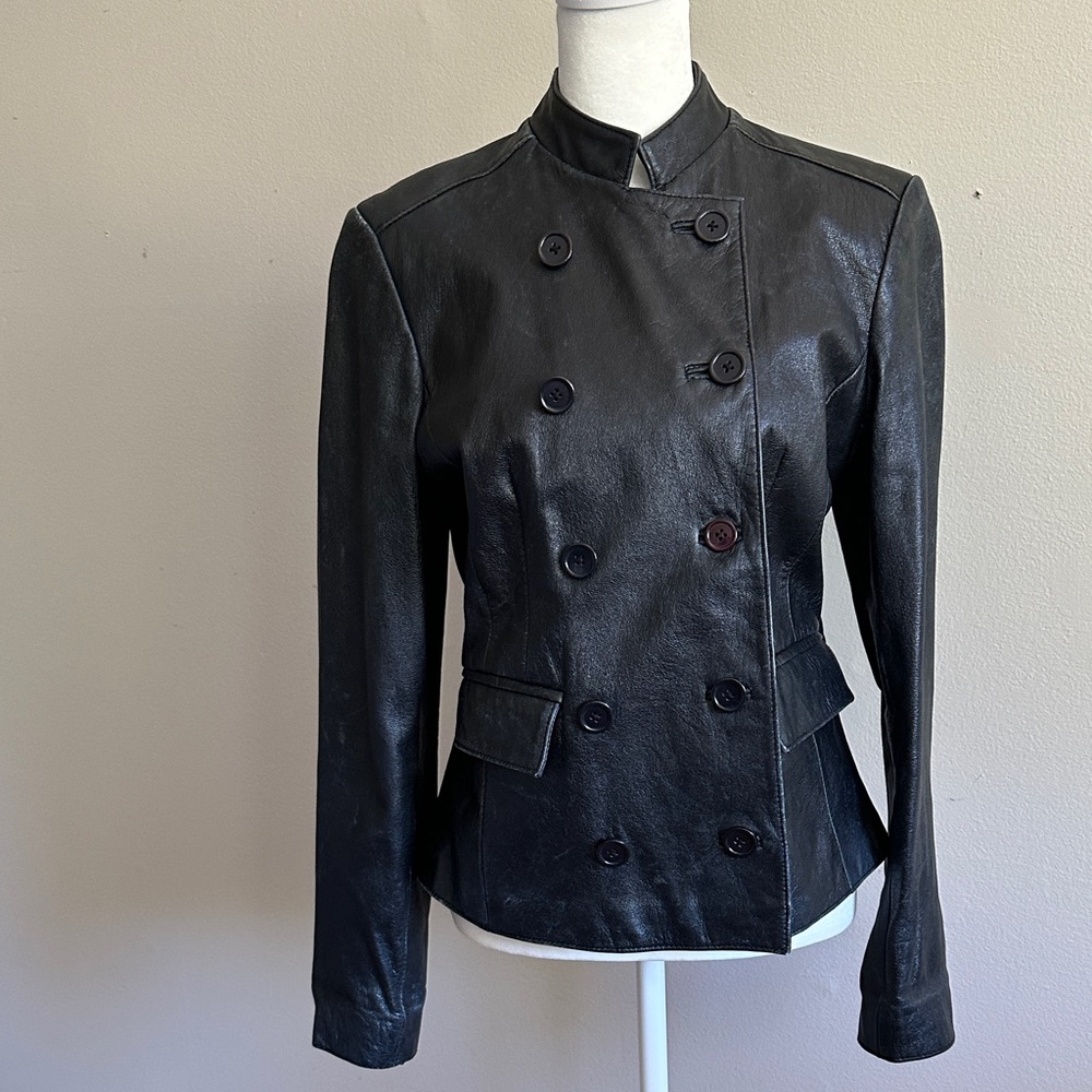 Women's Black Double-Breasted Leather Military Style Jacket